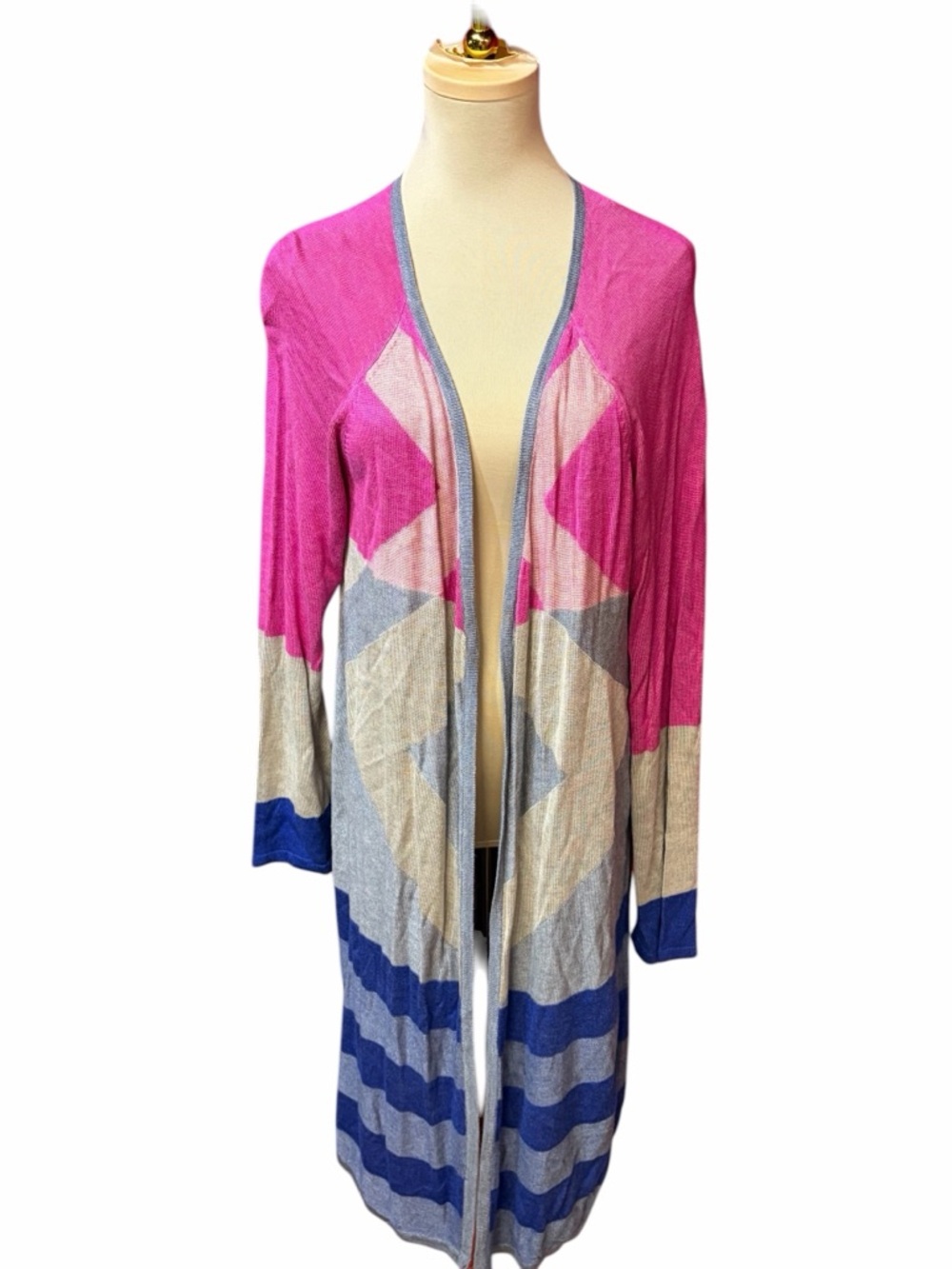 Signature Studio Open Front Colorblock Long Cardigan Duster Pink Blue Gray XL